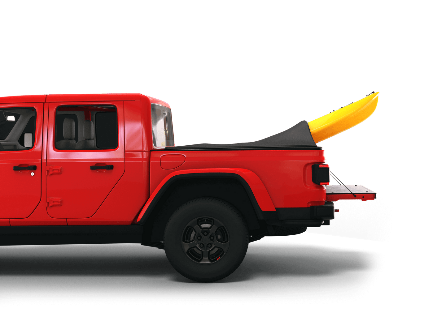 Red Jeep Gladiator with yellow kayak under sawtooth stretch truck bed cover